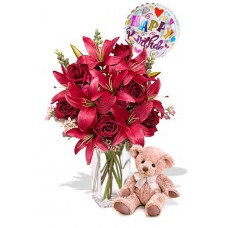 6 Rose and 4 Asiatic Lily Package with Medium Teddy Bear and Happy Birthday Helium Balloon