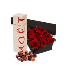 Romance Package , One Dozen Rose in Gift Box, Gift Box Chocolate and 75cl Moet Chondon Champagne